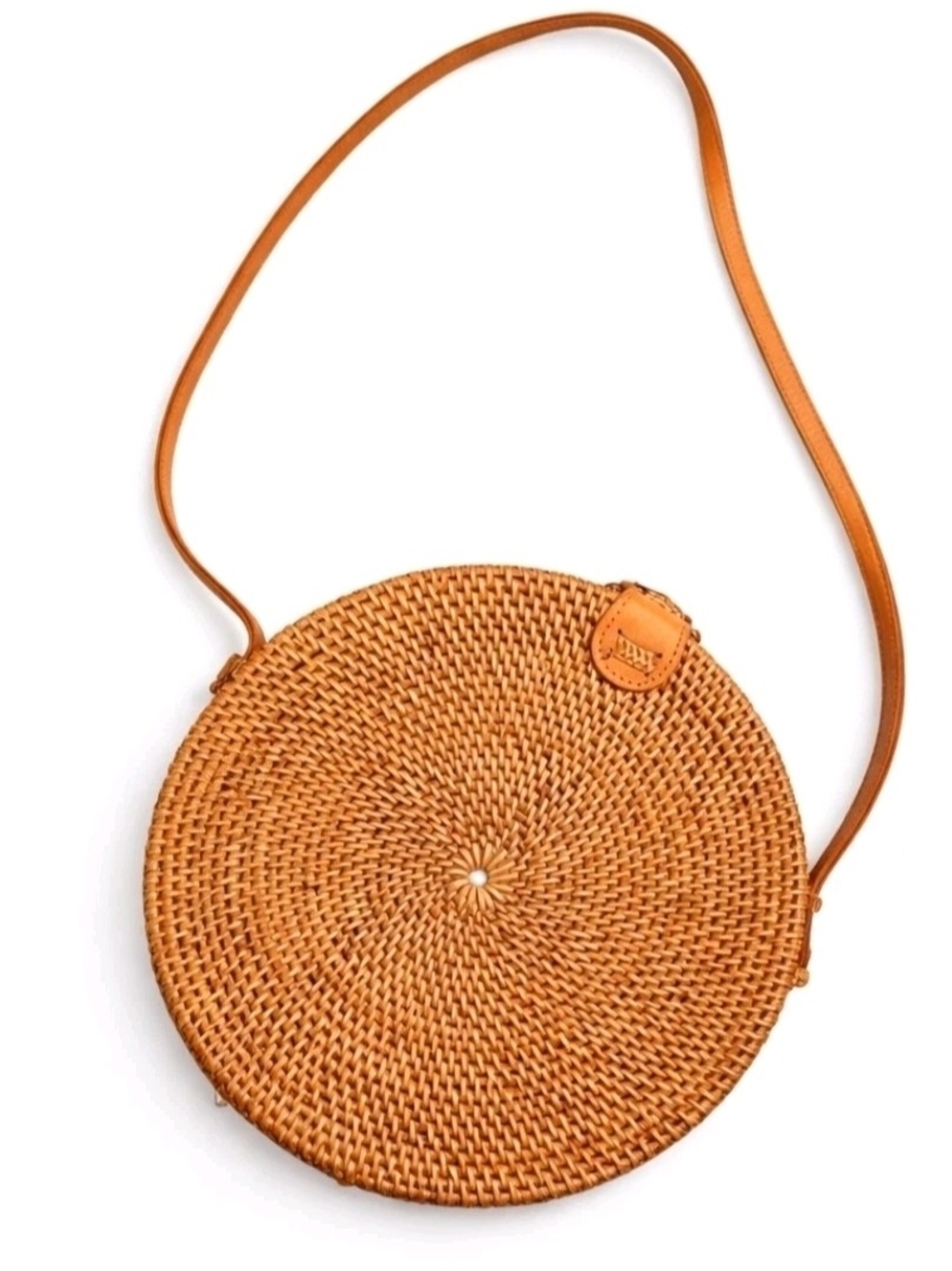 Poppy + Sage Round Rattan Crossbody Bag w/ Brown Leather Strap and Snap Closure